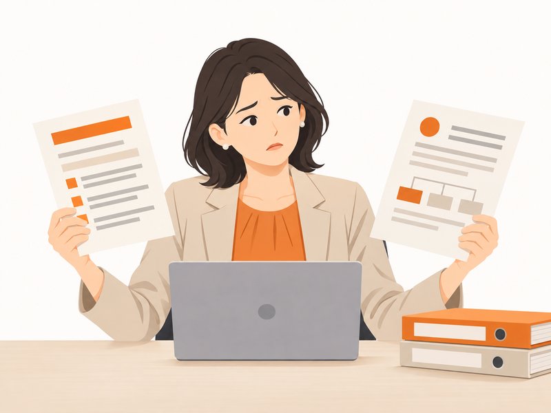 社内規程の資料を見比べて悩む人事のイラスト