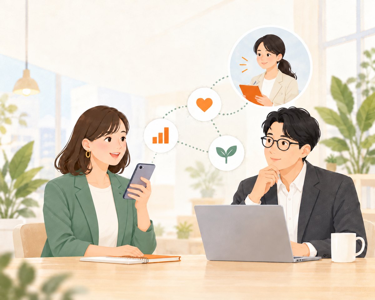 社員がスマートフォンの記録を見せながら上司と話し、専門家が連携している様子のイラスト